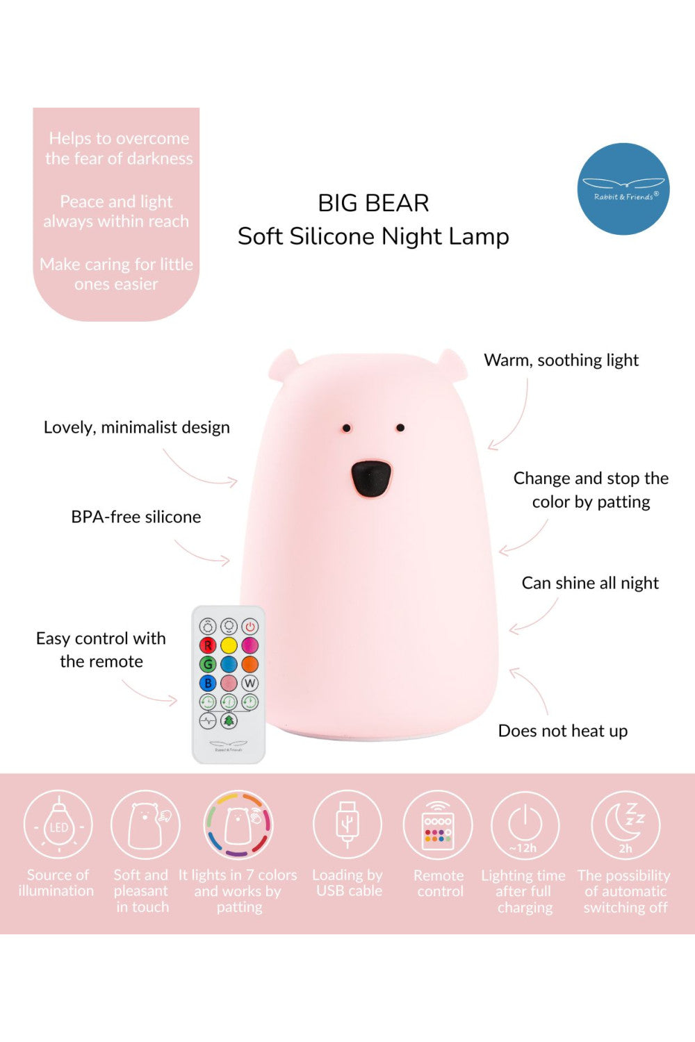 Big Bear Silicone Lamp with Remote - Pink
